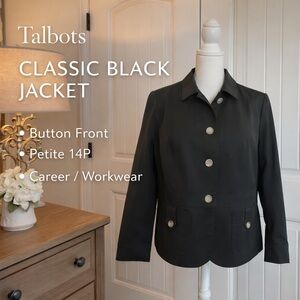 Talbots Black Classic Jacket Blazer Womens Petite 14P Button Front Career Work